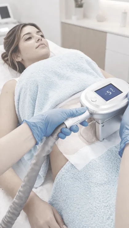 Mujer tumbada recibiendo un tratamiento corporal de criolipólisis para eliminar grasa localizada sin cirugía